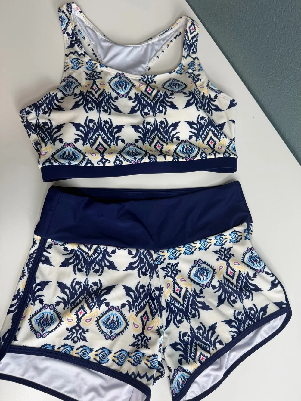 Aleumdr Women’s 3-Piece Athletic Tankini Swimsuit Set Cream & Blue • Size S•NWOT - Picture 4 of 11
